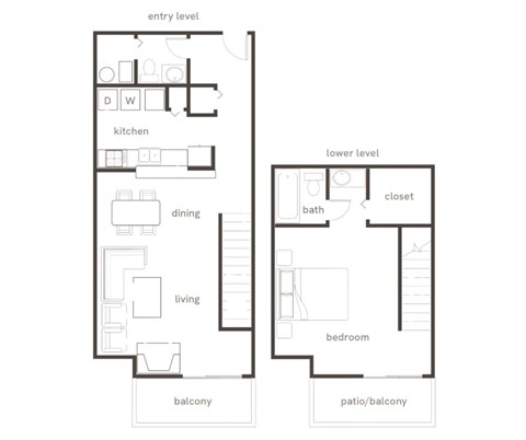 A floor plan of a two level home with a balcony and a patio.